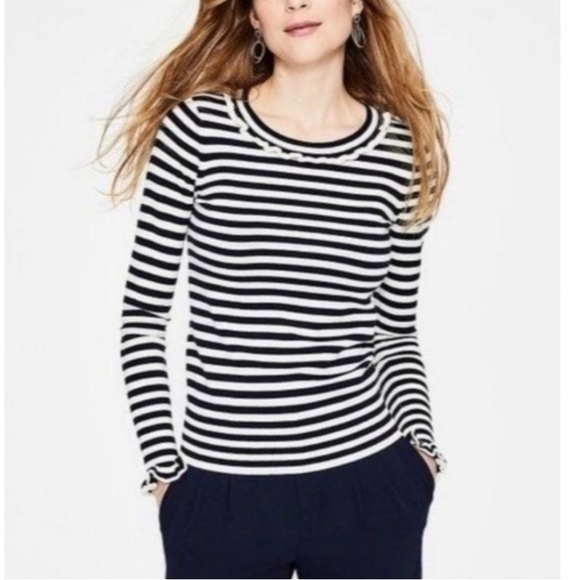 Boden Bernadette Striped Navy and White Ruffle Trim Sweater Size 10 - Picture 2 of 14